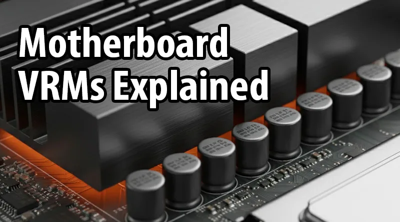 Close-up shot of a motherboard's large VRM heatsinks, demonstrating the VRM quality as Motherboard VRMs Explained for stability.