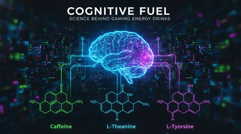 Close-up shot of caffeine, L-Theanine, and L-Tyrosine molecules, symbolizing the key Energy Drink for Gaming Ingredients.