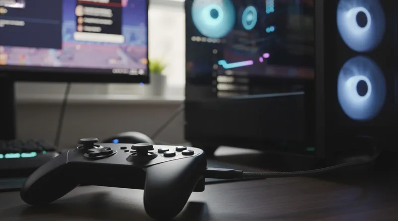 A modern retro gamepad (like 8BitDo) connected to a PC via USB, highlighting the ideal controller for a best PS1 emulator experience.