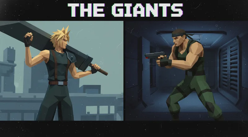 A split image showcasing the iconic PS1 graphics of Cloud Strife from Final Fantasy VII and Solid Snake from Metal Gear Solid.