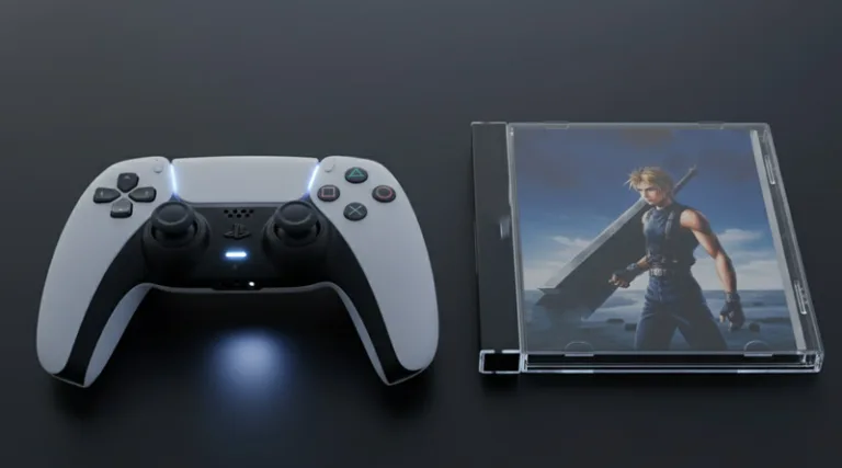 A modern PS5 DualSense controller next to a classic PS1 jewel case, symbolizing the availability of PS1 games on PS5