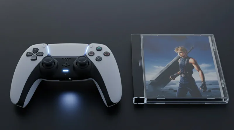 A modern PS5 DualSense controller next to a classic PS1 jewel case, symbolizing the availability of PS1 games on PS5