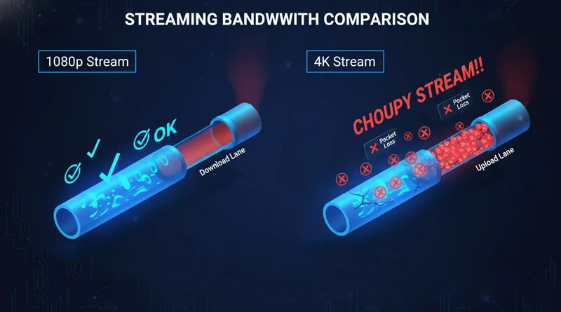 Chart detailing the minimum required upload speed for 1080p and 4K streaming platforms, confirming the necessary bandwidth.