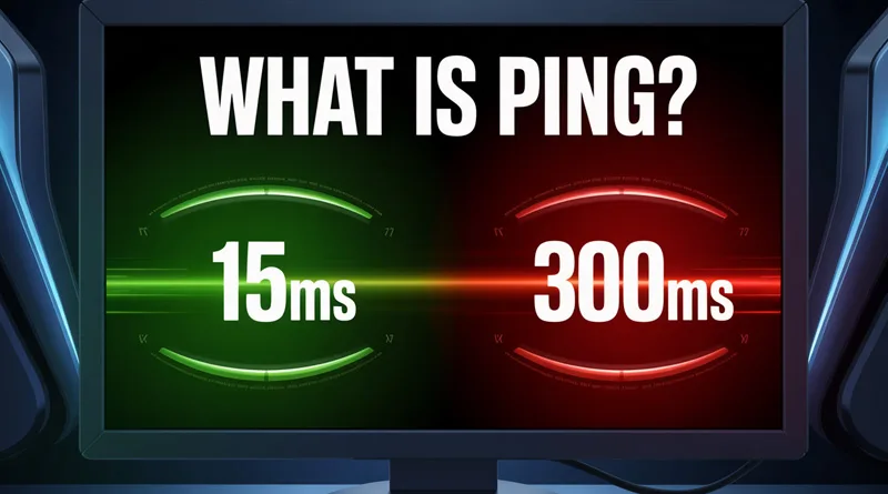 A digital screen showing a low number (15ms) next to a high number (300ms), illustrating what is ping in gaming and what is considered lag.