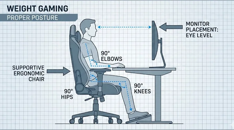 An illustration of proper ergonomic posture for a gamer, highlighting the importance of supportive equipment for weight gaming comfort.