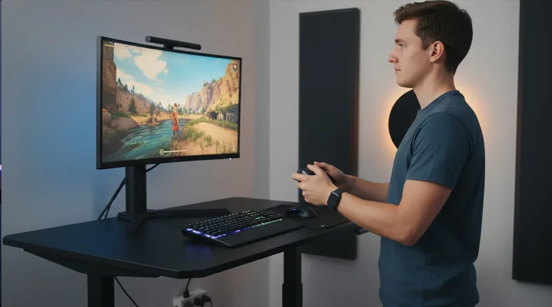 A gamer using a standing desk, demonstrating a key method for Can You Lose Weight While Gaming passively.