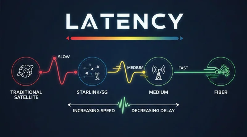 A comparison graphic showing the latency difference between Satellite and 5G Home Internet when choosing the Best Internet for Gaming in Rural Areas.
