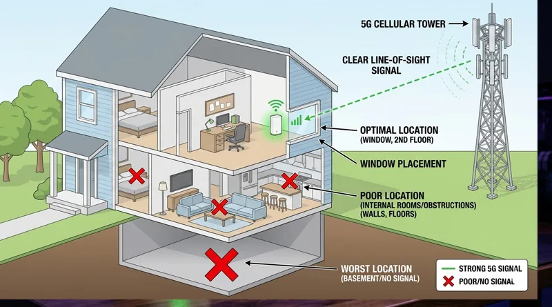 A diagram showing the best window placement for a Best 5G Internet for Gaming gateway to avoid interference.