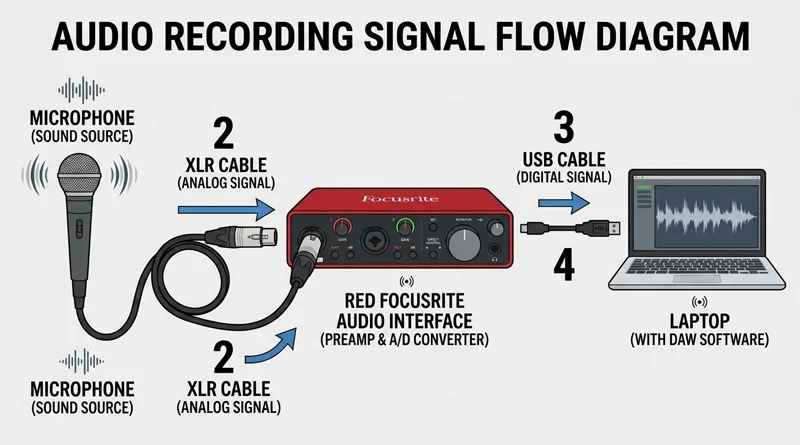 A diagram showing an XLR microphone connected to an audio interface, explaining the complexity of USB vs XLR Mic for Gaming.