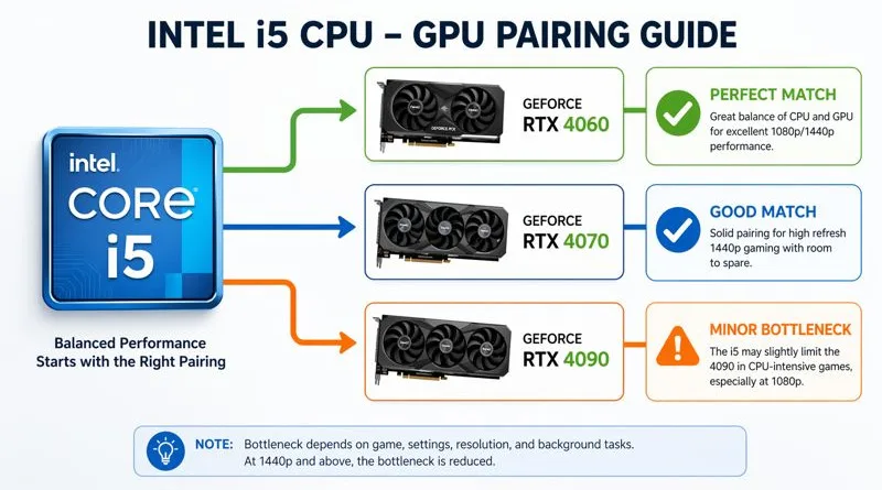 A diagram showing how an i5 processor pairs with different GPUs, explaining if an i5 processor is good for gaming.