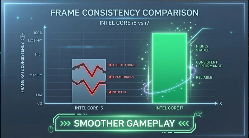 A bar chart showing the difference in frame consistency when comparing intel i5 vs i7 for gaming.