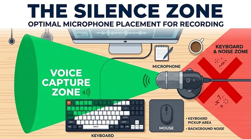 A top-down diagram of a Gaming Mic Boom Arm Setup showing how to block mechanical keyboard noise.
