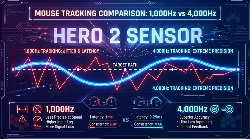 superlight-2-4000hz-polling-rate A technical graphic comparing 1,000Hz vs 4,000Hz polling as part of our Logitech G Pro X Superlight 2 Review