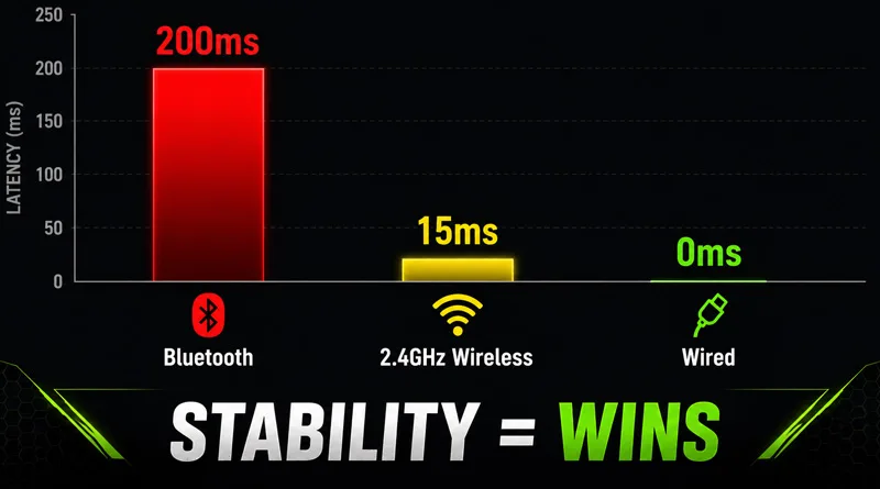 A bar chart comparing the millisecond delay of different connection types in a Wireless vs Wired Headset for Gaming test.