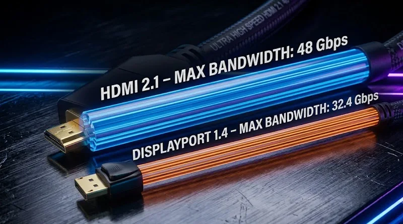An infographic comparing the maximum data bandwidth of HDMI 2.1 vs DisplayPort 1.4 for high-resolution gaming.