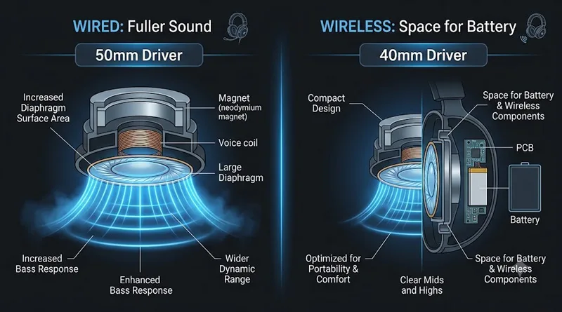 graphic explaining why wired options usually offer larger, better drivers in a best gaming headset under $100 comparison.