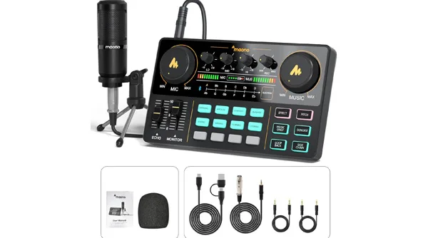 MAONO Podcast Equipment Bundle Audio mixer All-in-One Podcast Production Studio with 3.5mm Microphone for Live Streaming, Recording, PC, Smartphone, DJ