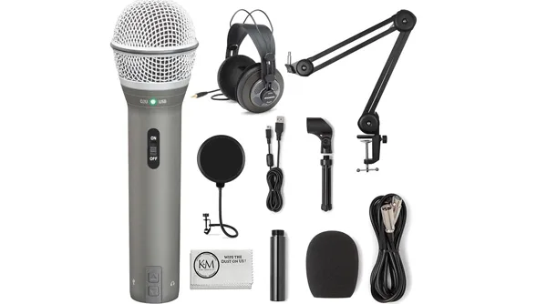 Podcasting Pack | Gray Bundled with SR850G Headphones + Pop Filter + Mic Arm + Microfiber Cleaning Cloth