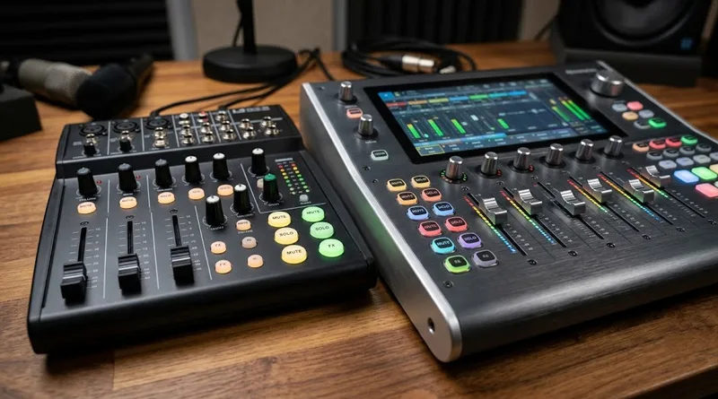 A side-by-side view of a budget podcast mixer and a premium production studio, explaining the podcast equipment bundle value.