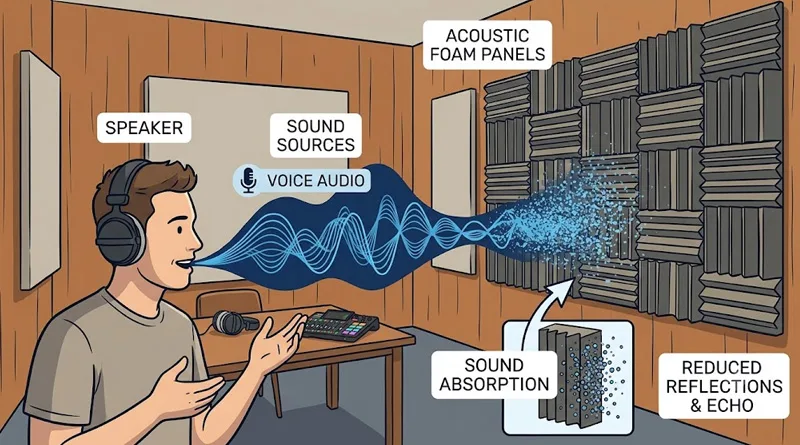 A diagram showing correct acoustic foam placement in a room to optimize the starting a podcast equipment needed experience.