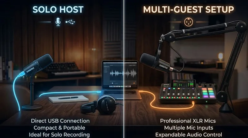 A comparison diagram showing a simple USB setup for solo recording versus an XLR mixer setup for multiple guests, explaining the gear for starting a podcast equipment needed decision.