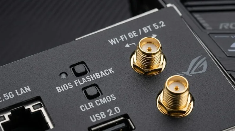 The rear I/O panel of the rog strix b650e-f gaming wifi showing its USB ports and Wi-Fi 6E antenna connections.