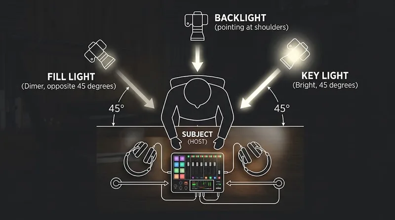 A diagram illustrating the Three-Point Lighting system, a key setup for video podcast equipment placement.