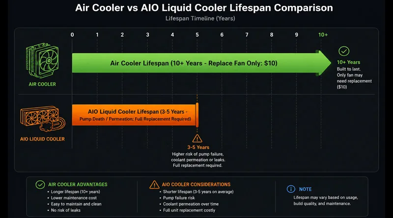 A reliability timeline comparing the 10-year lifespan of air cooling against the 3-5 year lifespan in an aio vs air cooling test.
