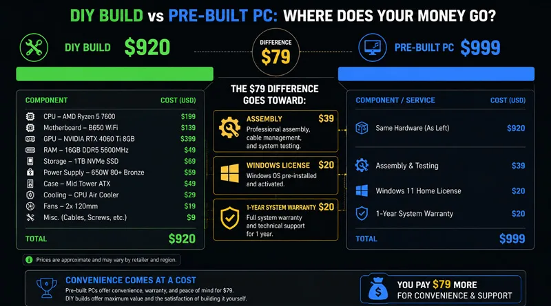 A visual price comparison chart showing component costs versus prebuilt markups to explain is it cheaper to build or buy a gaming pc.