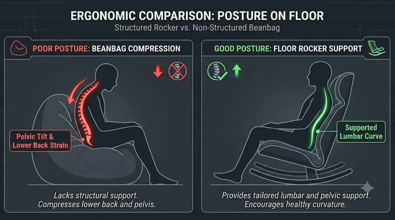 A side-by-side diagram of healthy spine curvature vs slouched lower back to explain are floor gaming chairs good for your back.