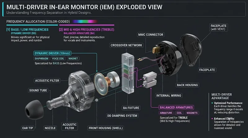 A technical diagram showing the internal drivers inside in ear monitors for gaming for clear audio frequencies.