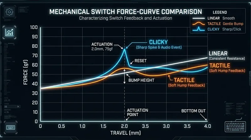 An technical force curve chart explaining travel distance and bump location in a linear vs tactile vs clicky switches comparison.