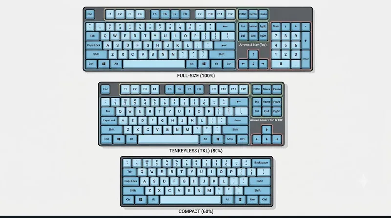 A visual size comparison of Full-size, TKL, and 60% layouts to help choose the best mechanical gaming keyboard.