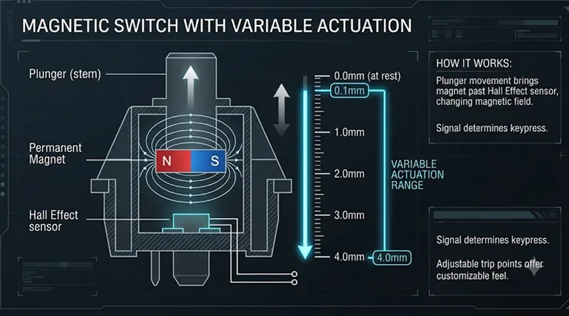 A technical diagram explaining Hall Effect magnetic actuation used in the best mechanical gaming keyboard models.