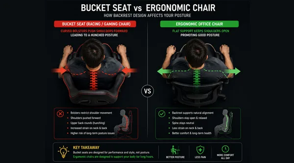 An anatomical diagram showing how racing bolsters cause shoulder rounding compared to an ergonomic backrest in a gaming chair vs office chair test.