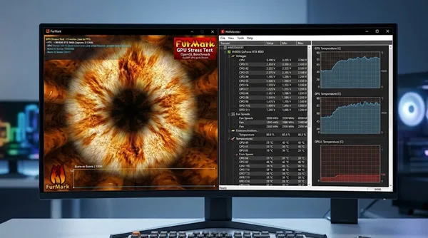 A laptop screen showing FurMark and HWMonitor running a stress test on a used gaming pc.