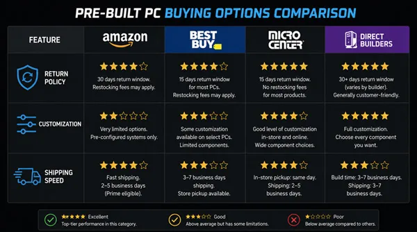 comparison matrix ranking different websites on shipping speed and warranty for shoppers wondering where to buy a gaming pc.