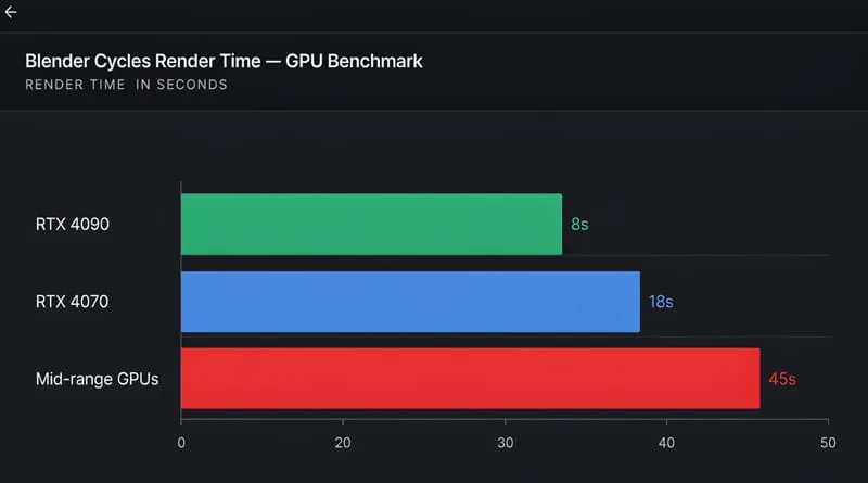 A benchmark chart comparing render times in Blender Cycles to select the best graphic card for 3d rendering.