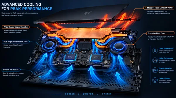 A technical exploded view of liquid metal and vapor chamber cooling inside a heavy duty gaming laptop.